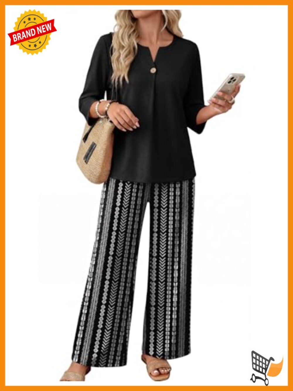 Women's 2-Piece Lounge Set 3/4 Sleeve V-Neck Wide Leg Pants